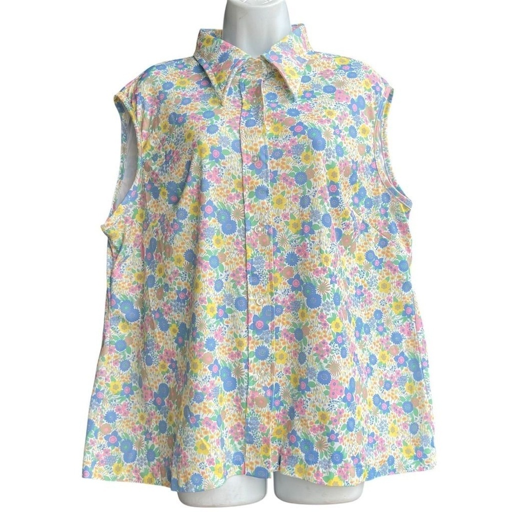 VTG 70s SEARS Perma Prest Floral Retro Shirt Women's XL Sleeveless Multicolor